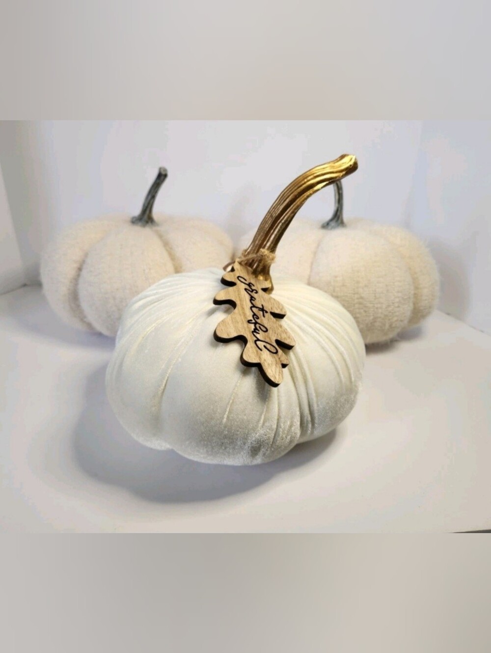 Cream Velvet And Knit Decorative Pumpkins with Stems - Grateful Tag - Picture 1 of 9